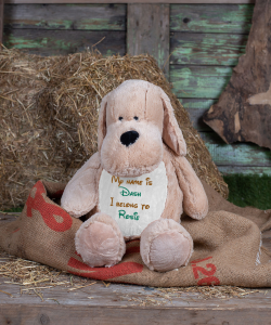 A large light brown dog teddy sat atop a sack in front of haybales and a wooden backdrop. On the dog's belly is sample personalised text that reads "My name is Dash I belong to "Rosie".