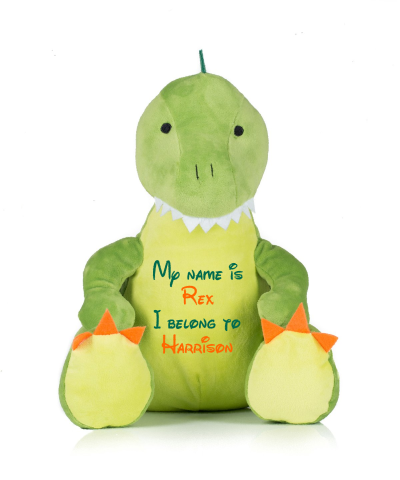 Frontal view of the large personalised teddy with text embroidered on its belly that reads "My name is Rex I belong to Harrison". The text is in bottle green and orange.