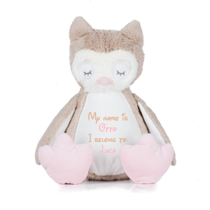 Frontal view of the large personalised teddy with text embroidered on its belly that reads "My name is Otto I belong to Luca". The text is in light brown and baby pink.