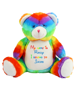 Frontal view of the large personalised teddy with text embroidered on its belly that reads "My name is Randy I belong to Jacob". The text is in rainbow and blue. The rainbow text is a repeating pattern of the colours: red, orange, yellow, green, and blue.
