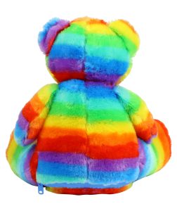 Rear view of a large rainbow teddy bear.