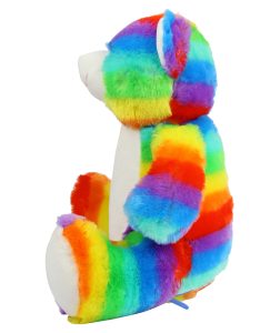 Side view of a large rainbow teddy bear.
