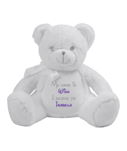 Frontal view of the large personalised teddy with text embroidered on its belly that reads "My name is Wish I belong to Isabella". The text is in light grey and purple.