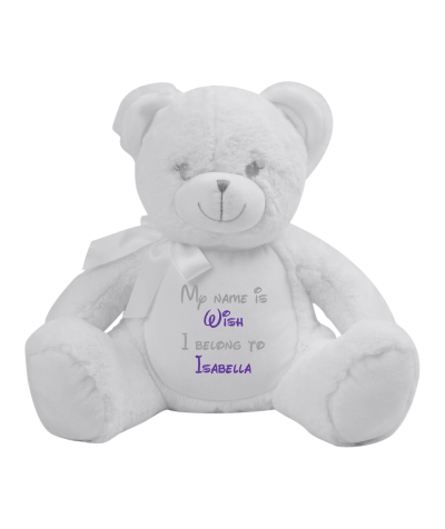 Frontal view of the large personalised teddy with text embroidered on its belly that reads "My name is Wish I belong to Isabella". The text is in light grey and purple.
