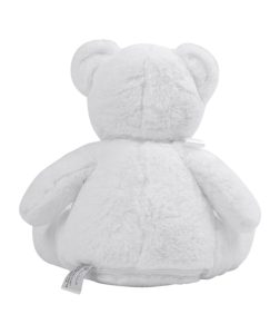 Rear view of a white teddy bear against a white background