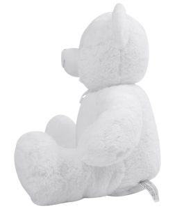 Side view of a white teddy bear against a white background.