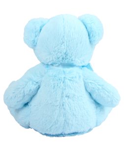 Rear view of a baby blue teddy bear against a white background.