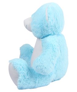 Side view of a baby blue teddy bear against a white background.