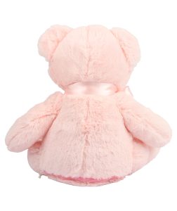 Rear view of a baby pink teddy bear against a white background.