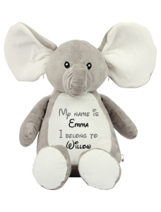 Frontal view of the large personalised teddy with text embroidered on its belly that reads "My name is Emma I belong to Willow". The text is in light grey and black.