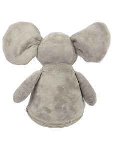 Rear view of a elephant teddy against a white background.