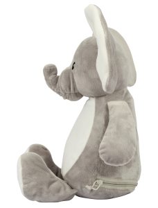 Side view of an elephant teddy against a white background.