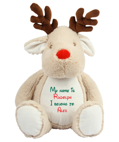 Frontal view of the large personalised teddy with text embroidered on its belly that reads "My name is Rudolph I belong to Alex". The text is in bottle green and red.