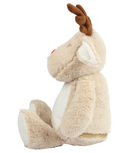 Side view of a reindeer teddy against a white background.