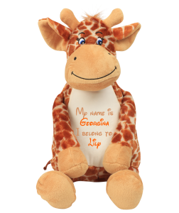 Frontal view of the large personalised teddy with text embroidered on its belly that reads "My name is Georgina I belong to Lily". The text is in light brown and orange.