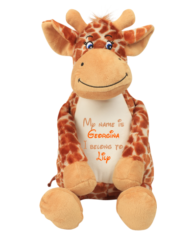 Frontal view of the large personalised teddy with text embroidered on its belly that reads "My name is Georgina I belong to Lily". The text is in light brown and orange.
