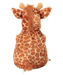 Rear view of a giraffe teddy against a white background.