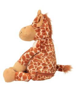 Side view of a giraffe teddy against a white background.