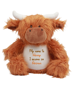 Frontal view of the large personalised teddy with text embroidered on its belly that reads "My name is Henry I belong to Arthur". The text is in brown and orange.