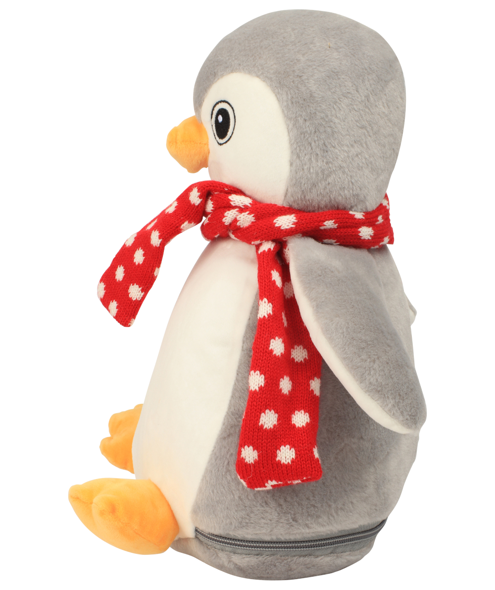 Side view of a grey penguin teddy wearing a red scarf against a white background.