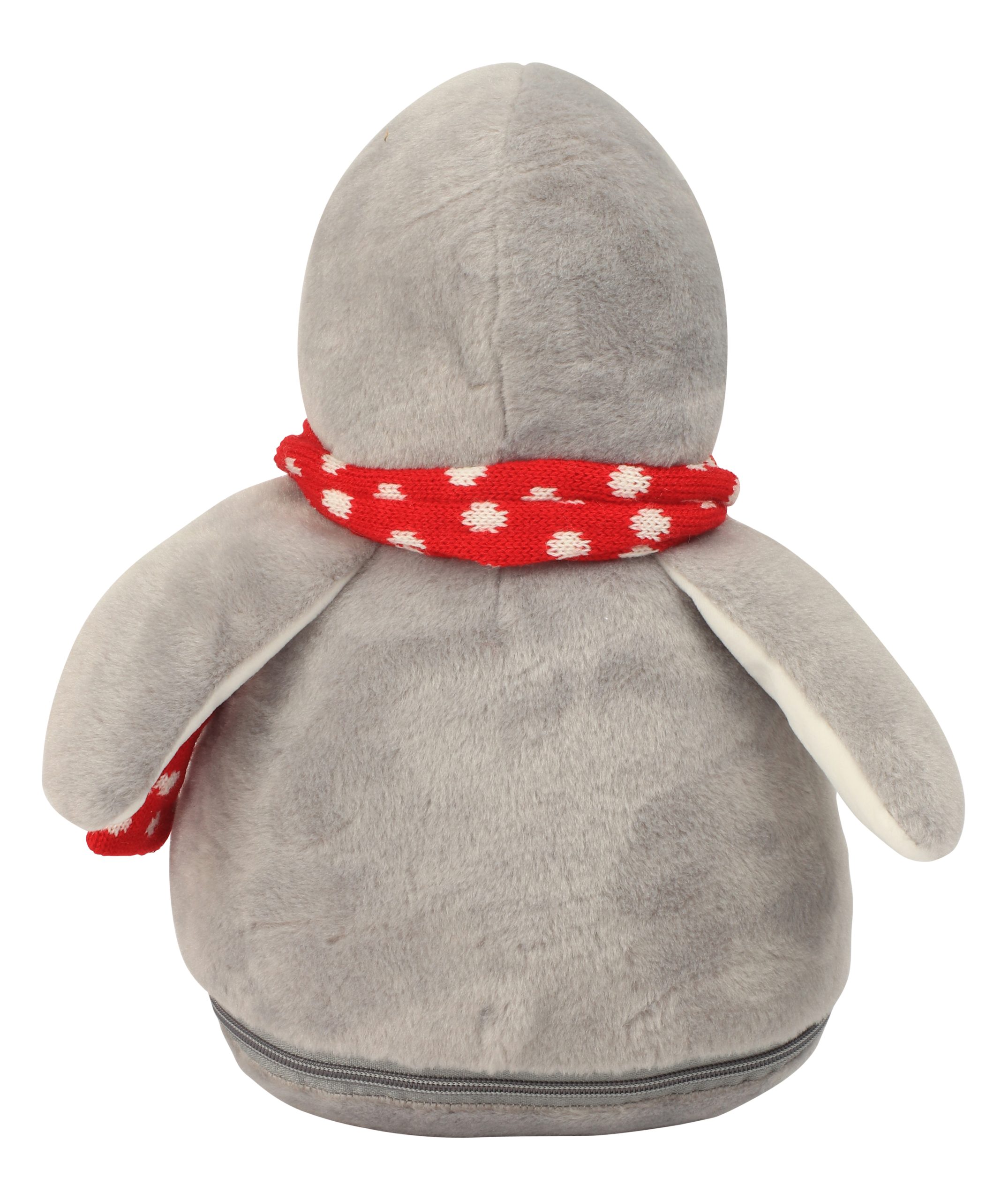 Rear view of a grey penguin teddy wearing a red scarf against a white background.