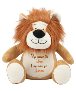 Frontal view of the large personalised teddy with text embroidered on its belly that reads "My name is Liam I belong to Jacob". The text is in brown and orange.
