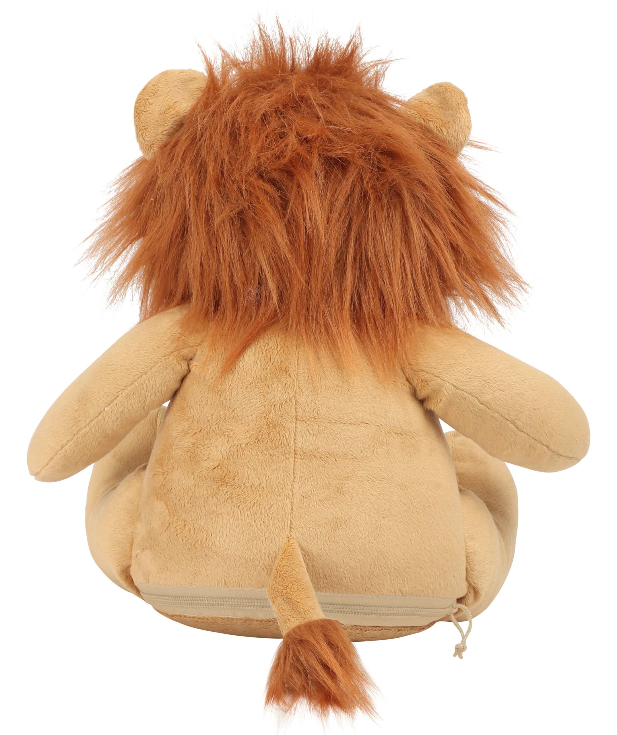 Rear view of a lion teddy against a white background.
