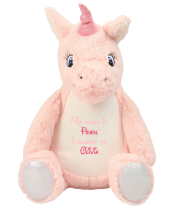 Frontal view of the large personalised orangutan teddy with text embroidered on its belly that reads "My name is Pearl I belong to Olivia". The text is in baby pink and hot pink.