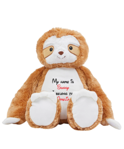 Frontal view of the large personalised sloth teddy with text embroidered on its belly that reads "My name is Sunny I belong to Amelia". The text is in black and red.