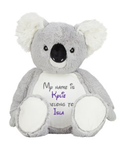Frontal view of the large personalised teddy with text embroidered on its belly that reads "My name is Kylie I belong to Isla". The text is in grey and purple.