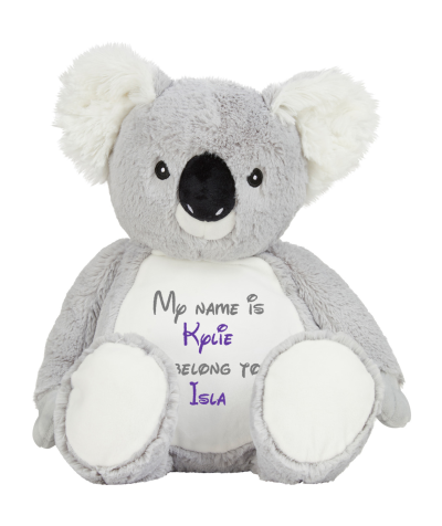 Frontal view of the large personalised teddy with text embroidered on its belly that reads "My name is Kylie I belong to Isla". The text is in grey and purple.