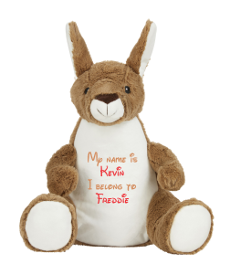 Frontal view of the large personalised teddy with text embroidered on its belly that reads "My name is Kevin I belong to Freddie". The text is in light brown and red.