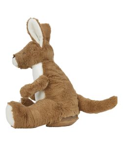 Side view of a kangaroo teddy against a white background.
