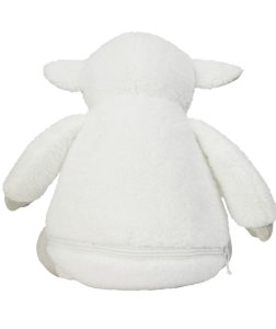 Rear view of a lamb teddy in front of a white background.