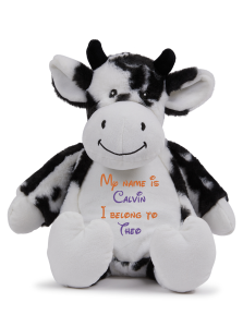 Frontal view of the large personalised teddy with text embroidered on its belly that reads "My name is Calvin I belong to Theo". The text is in orange and purple.