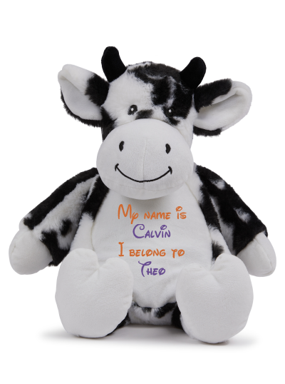 Frontal view of the large personalised teddy with text embroidered on its belly that reads "My name is Calvin I belong to Theo". The text is in orange and purple.