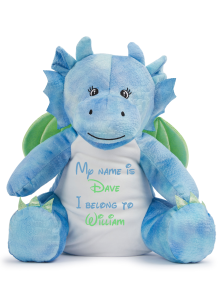 Frontal view of the large personalised teddy with text embroidered on its belly that reads "My name is Dave I belong to William". The text is in mid blue and mint green.