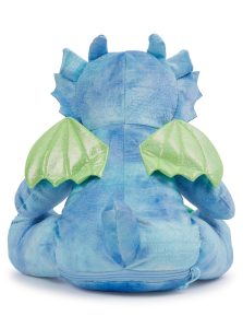 Rear view of a blue dragon teddy with green wings against a white background.