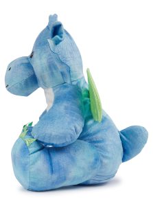 Side view of a mid blue dragon teddy with green wings against a white background.