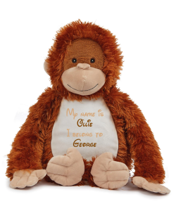 Frontal view of the large personalised orangutan teddy with text embroidered on its belly that reads "My name is Ollie I belong to George". The text is in brown and light brown.