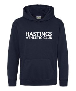 Frontal view of the Hastings Athletic kids' hoodie in navy with the club name on the chest.