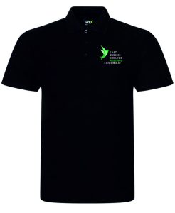 Frontal view of the East Sussex College Hastings T-Level Health black polo shirt with the college logo embroidered to the left breast with the courses name below.