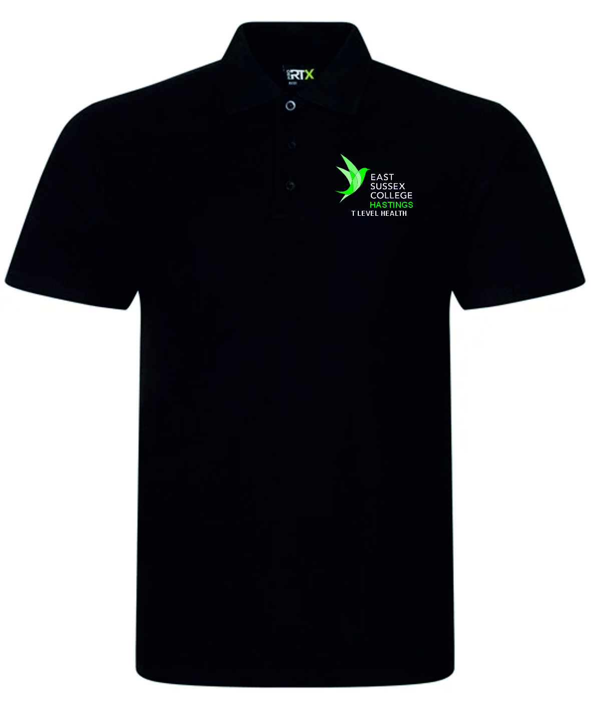 Frontal view of the East Sussex College Hastings T-Level Health black polo shirt with the college logo embroidered to the left breast with the courses name below.