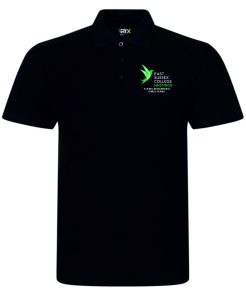 Frontal view of the East Sussex College Hastings T-Level Education and Early Years black polo shirt with the college logo embroidered to the left breast with the courses name below.