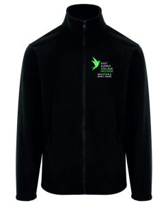 Frontal view of the East Sussex College Hastings Education and Early Years black fleece with the college logo embroidered to the left breast with the courses name below.