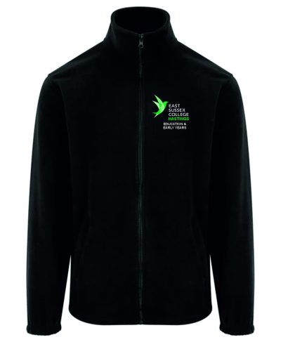 Frontal view of the East Sussex College Hastings Education and Early Years black fleece with the college logo embroidered to the left breast with the courses name below.