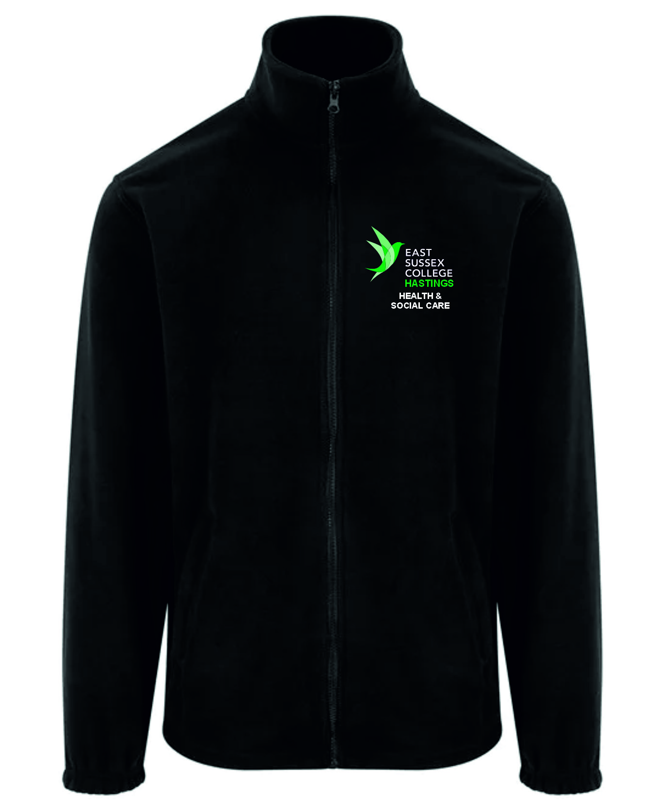 Frontal view of the East Sussex College Hastings Health and Social Care black fleece with the college logo embroidered to the left breast with the courses name below.