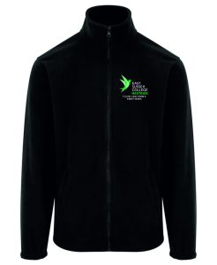 Frontal view of the East Sussex College Hastings T-Level Education and Early Years black fleece with the college logo embroidered to the left breast with the courses name below.