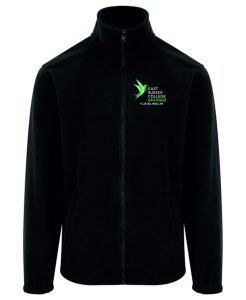 Frontal view of the East Sussex College Hastings T-Level Health black fleece with the college logo embroidered to the left breast with the courses name below.