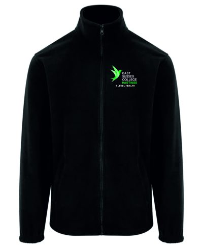 Frontal view of the East Sussex College Hastings T-Level Health black fleece with the college logo embroidered to the left breast with the courses name below.